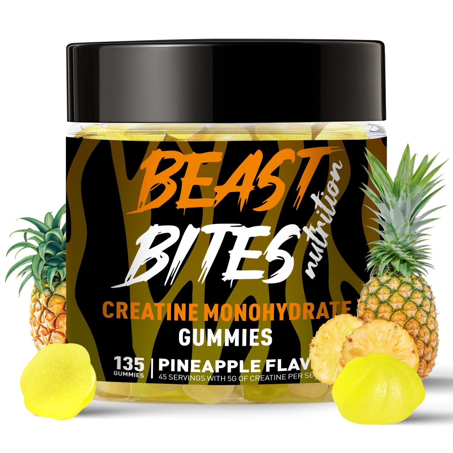 BEAST BITES Nutrition Creatine Monohydrate Gummies for Men &amp; Women - 5g of Creatine Monohydrate per Serving - Sugar Free,Vegan, Pineapple Flavor, 135 Count (45 Servings)..