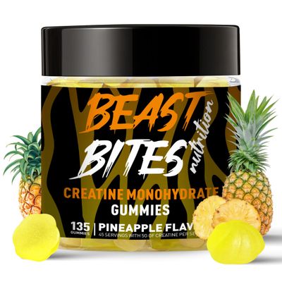 BEAST BITES Nutrition Creatine Monohydrate Gummies for Men &amp; Women - 5g of Creatine Monohydrate per Serving - Sugar Free,Vegan, Pineapple Flavor, 135 Count (45 Servings)..