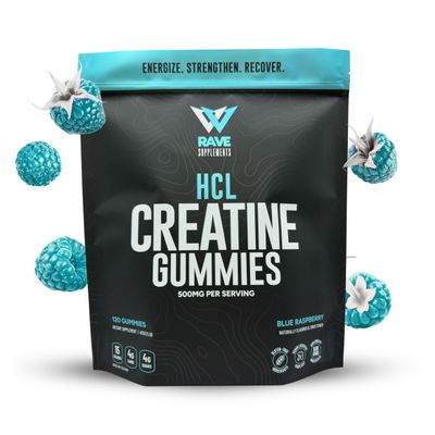 Rave Supplements Creatine HCl Gummies - 500mg Per Serving - All Natural, Organic Ingredients, Blue Raspberry Flavor - Made in USA