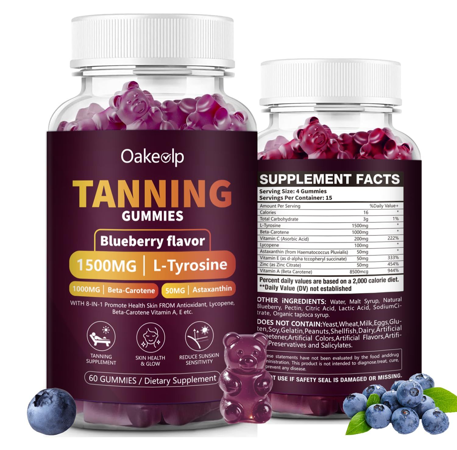 Extra Powerful Tanning Gummies,1500mg of L-Tyrosine,Daily Tanning Supplement Adults Woman &amp; Men,with 1000mg of Beta-Carotene,50mg of Astaxanthin,8500mcg of Vitamin A for Tanning Supplement Skin Health