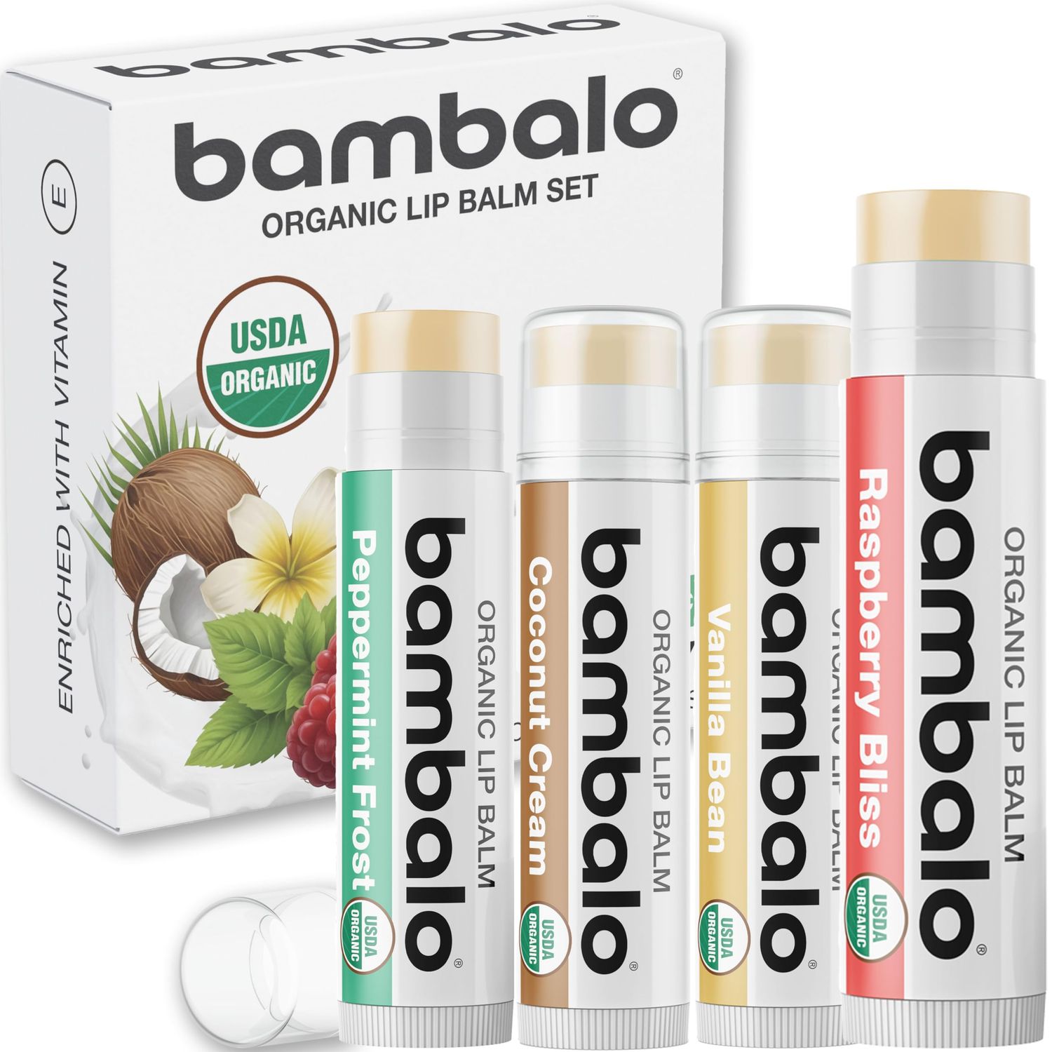 USDA Organic Lip Balm Variety 4-Pack by Bambalo - Beeswax, Coconut Oil, Vitamin E - Lip Repair Chapstick for Dry Cracked Lips - Moisturizing Care for Men and Women