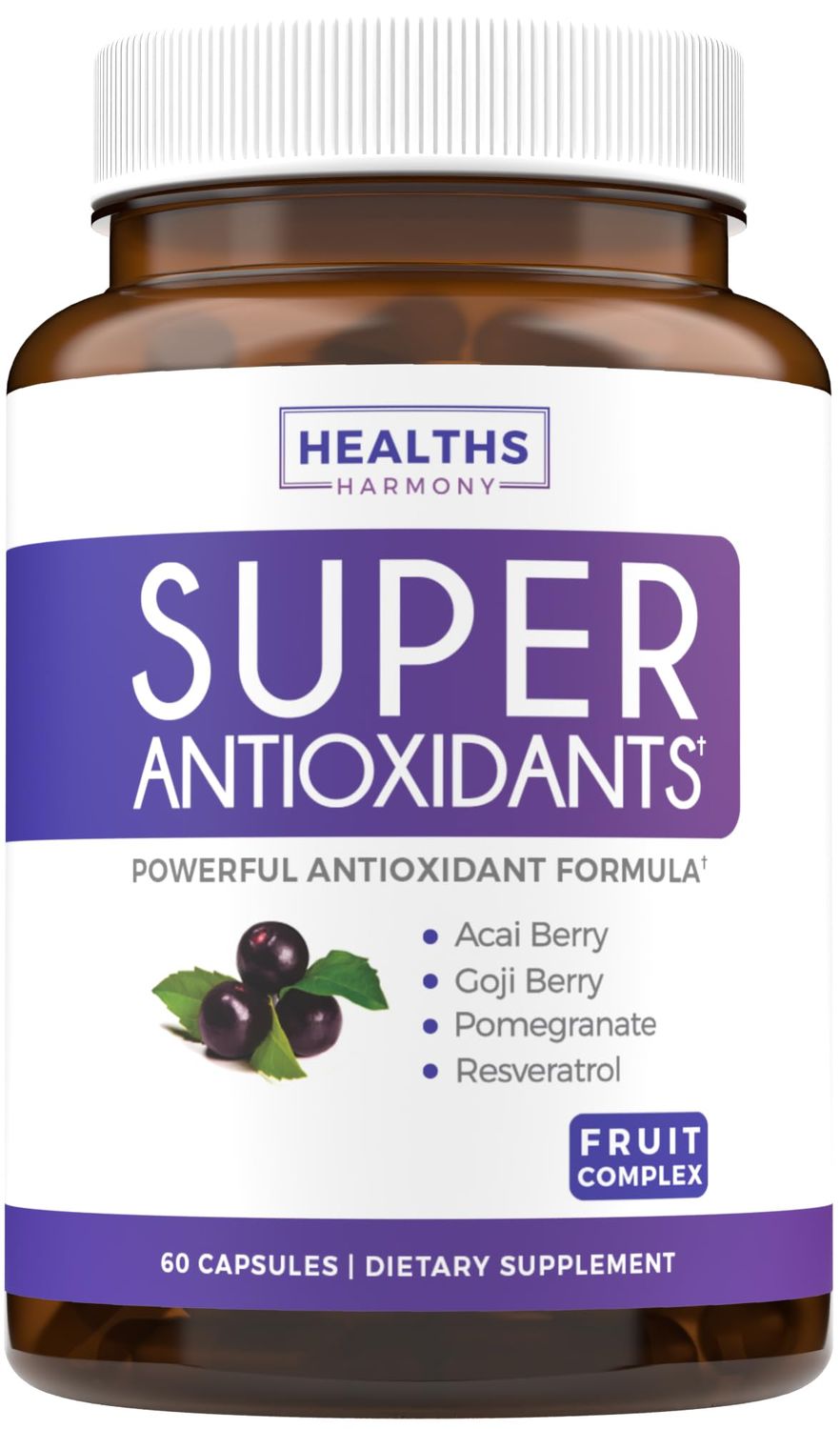 Super Antioxidants Supplement - Powerful Super Food Antioxidant Daily Blend - Acai Berry, Goji, Pomegranate &amp; Trans Resveratrol - Herbal and Fruit Formula For Women and Men - Skin Care - 60 Capsules