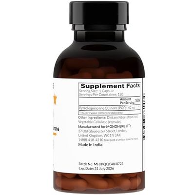 MONOHERB PQQ 40 milligrams - PQQ Supplement, Pyrroloquinoline Quinone, 120 Capsules