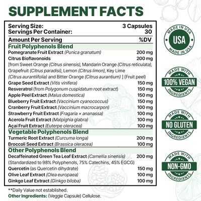 Zdoroviye 2250 MG Polyphenols Supplement Over 20 Fruits,Vegetables & Polyphenols,Quercetin,Resveratrol,Turmeric,Green Tea,Powerful Antioxidants,Polyphenols for Age Defense,Immune System,90 Capsules