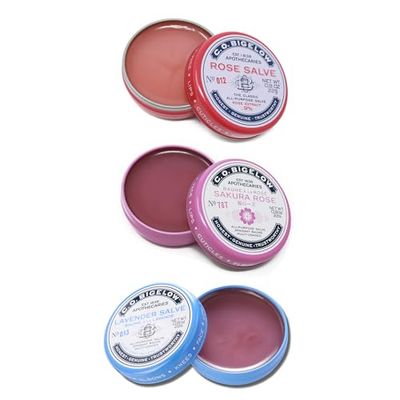 C.O. Bigelow Assorted Salve Tins, Pack of 3 Lip Balm Tins, Rose, Lavender, and Sakura Rose All Purpose Salve for Lips, Cuticles, Hands &amp; Dry Skin, Lip Balm Set, 0.8 oz