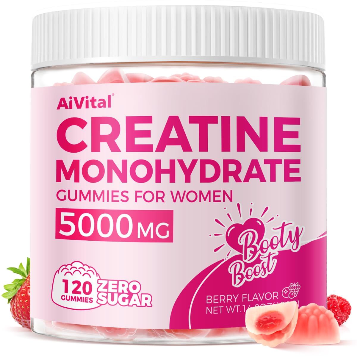 AiVital Creatine Gummies for Women, 5000mg Creatine Monohydrate for Women2000mg Collagen1000mg BCAAs, Supports Lean Muscles &amp; Booty, No Sugar, 30 Serving, 120 Counts, Berry Flavor,