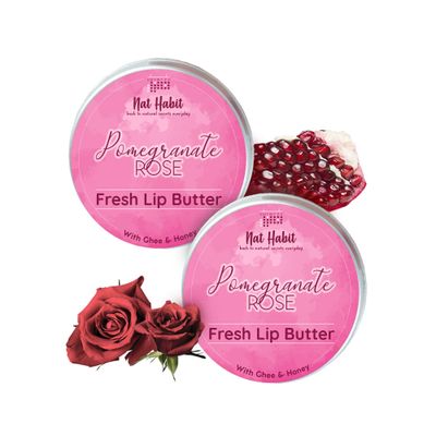 Nat Habit Lip Balm Fresh Infused Pomegranate Rose, Lip Butter With Desi Ghee &amp; Raw Honey, Pack of 2 x 10g