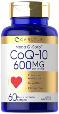 Carlyle CoQ10 600 mg | 60 Softgels | Mega Q-Sorb Coenzyme Q-10 | with Black Pepper Extract | Non-GMO, Gluten Free Supplement