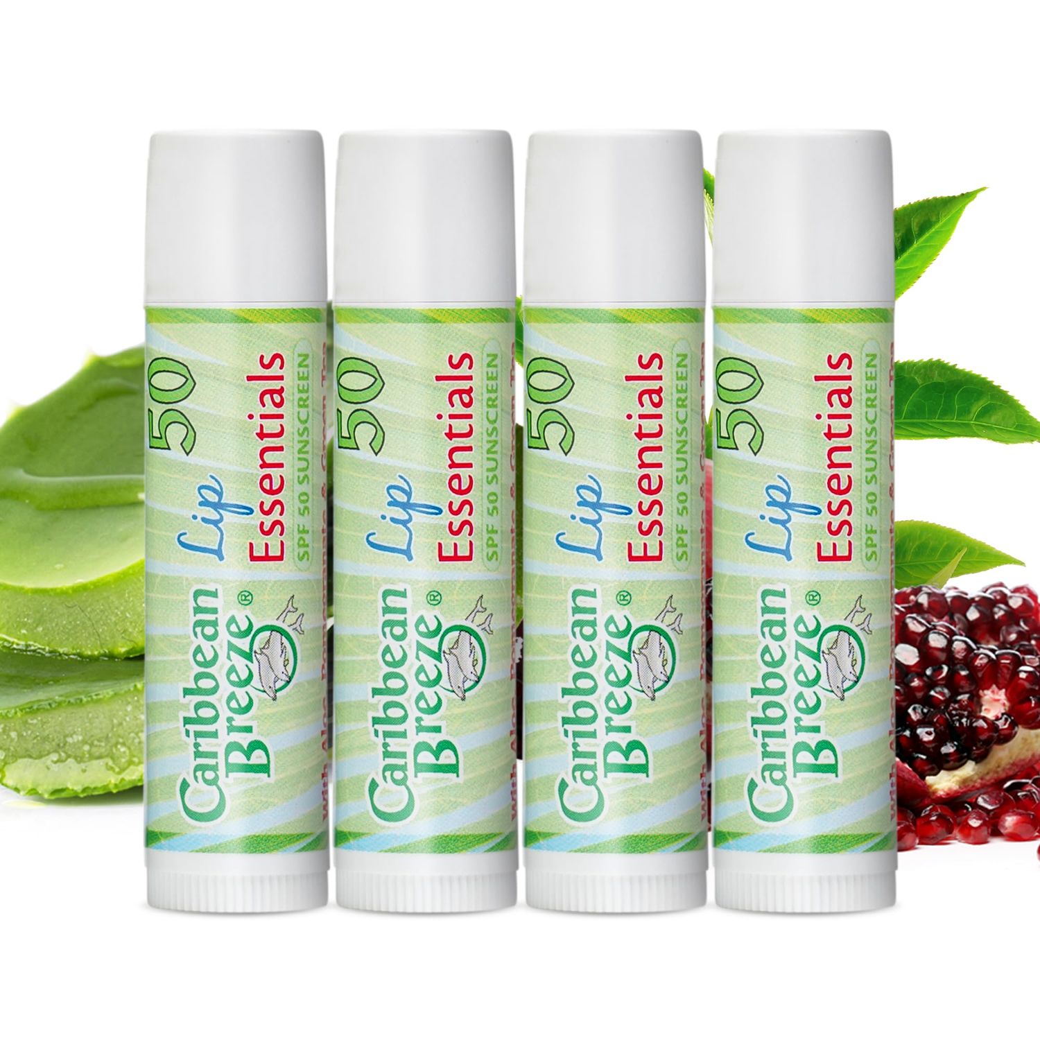 Caribbean Breeze Sunscreen Lip Balm SPF 50, 0.15 oz (Pack of 4), SPF Lip Balm for Men &amp; Women with Coconut Oil, Green Tea, Pomegranate &amp; Aloe Extracts