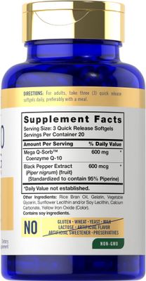 Carlyle CoQ10 600 mg | 60 Softgels | Mega Q-Sorb Coenzyme Q-10 | with Black Pepper Extract | Non-GMO, Gluten Free Supplement