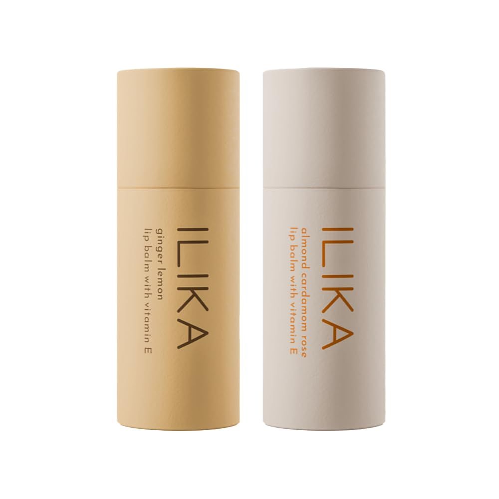 ILIKA Lip Balm, 2X Volume, Organic, Plastic-free, Vegan &amp; Cruelty-Free, COSMOS Certified Organic, PETA Certified, Plant-Based, Biodegradable tube, 2 Pack, Ginger Lemon &amp; Almond Cardamom Rose