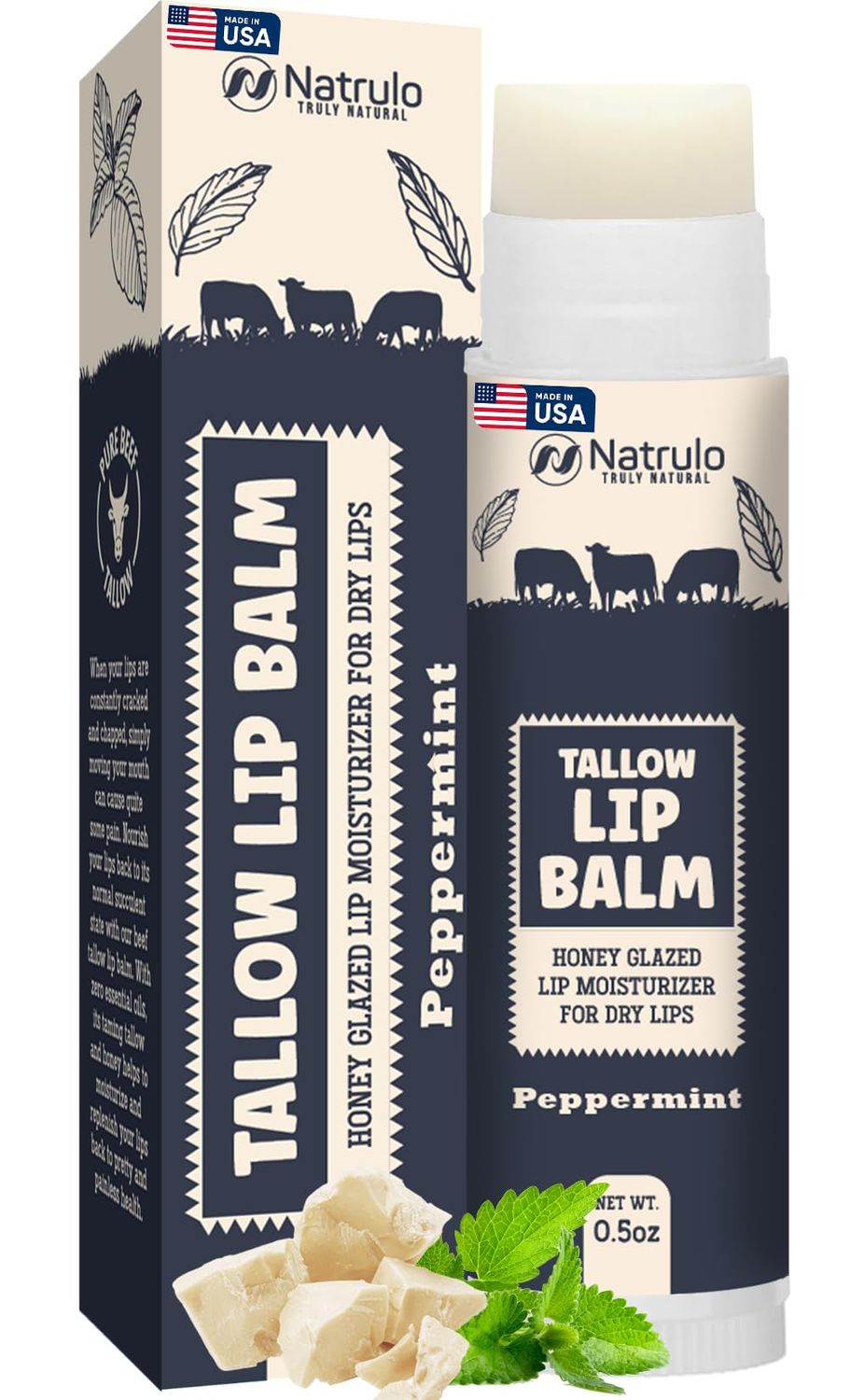 Beef Tallow Lip Balm - Natural Tallow Beeswax Chapstick - Hydrating Moisturizer Grass Fed Bison Tallow Balm Lip Care - Soothes Chapped, Dry Lips, Sensitive Skin - Long Lasting &amp; Vitamin Rich USA-Made