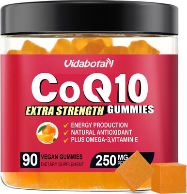 Sugar Free Coq 10 Gummies 250mg with Vitamin E, Omega-3, High Absorption Coenzyme Q10 Supplements for Heart, Energy &amp; Antioxidant Support,Orange Flavor, Vegan, 90 chewable Gummies