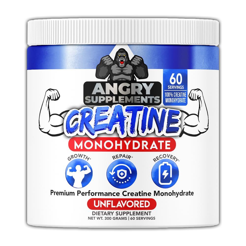 Angry Supplements Creatine Monohydrate 200 Mesh Premium Performance Unflavored Powder Creatina - Pure Muscle Fuel for Strength and Workout Endurance for Men and Women (300 Grams, 60 Servings)