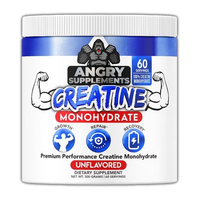 Angry Supplements Creatine Monohydrate 200 Mesh Premium Performance Unflavored Powder Creatina - Pure Muscle Fuel for Strength and Workout Endurance for Men and Women (300 Grams, 60 Servings)