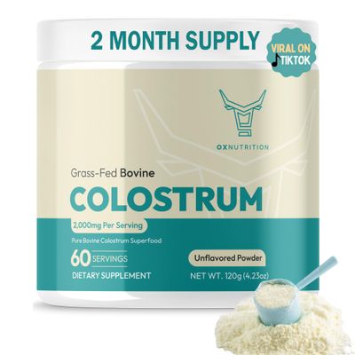 OXNUTRITION Colostrum Supplement Powder for Gut Health, Immune Support, Muscle Recovery, Hair &amp; Beauty | Pure Gress Fed Bovine Colostrum for Humans, Natural IgG, Unflavored, 60 Servings