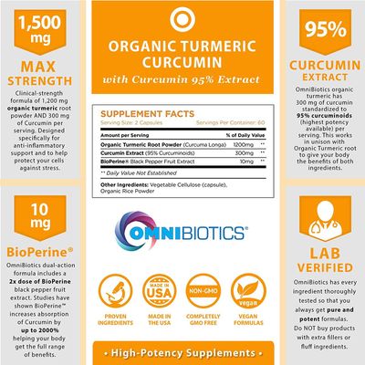 Organic Turmeric Curcumin Supplement with Black Pepper Extract - 1500mg Turmeric Supplement with 95 Curcuminoids &amp; BioPerine for Joints Support. High Absorption, Non-GMO - 120 Vegan Capsules