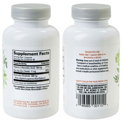 Quantum Health Quercetin 500mg Powerful Immune Support Supplement with Zinc 11 mg &amp; Vitamin C 100 mg - Seasonal Immunity Boost, Respiratory Health &amp; Gut Support Complex for Women &amp; Men - 90 Capsules