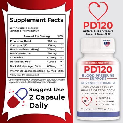 PD120 Blood Pressure Supplement to Help Reduce High Blood Pressure Naturally, CoQ10, Nitric Oxide, Black Odorless Aged Garlic, Omega 3, L-Theanine, Vitamin D3 for Blood Pressure Support