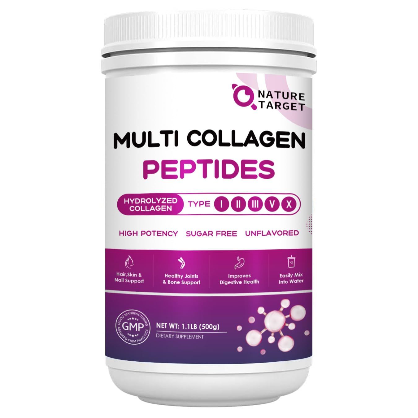 NATURE TARGET Multi Collagen Peptides Powder - Type I, II, III, V, X - Hydrolyzed Collagen Peptides with Vitamin C Hyaluronic Acid, Supports Skin Hair Nail &amp; Joint, Grass-Fed, Non-GMO, 50 Servings