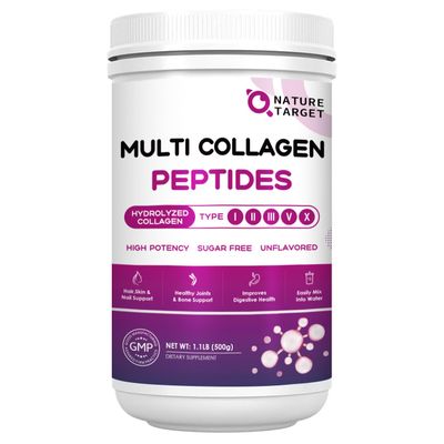 NATURE TARGET Multi Collagen Peptides Powder - Type I, II, III, V, X - Hydrolyzed Collagen Peptides with Vitamin C Hyaluronic Acid, Supports Skin Hair Nail &amp; Joint, Grass-Fed, Non-GMO, 50 Servings