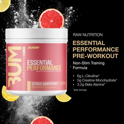 RAW Essential Performance Non-Stim Pre-Workout Powder - Preworkout for Endurance Strength & Focus without Caffeine or Stimulants - Creatine Monohydrate, L-Citrulline & Beta Alanine - Citrus Grapefruit