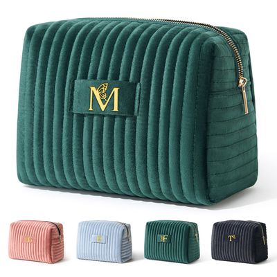 COSHAYSOO Gifts for Women Birthday Anniversary Wife Girlfriend Aunt Initial Green Makeup Bag Velvet Make Up Cosmetic Pouch Travel Size Skin Care Lip Liner Balm Oil Gloss Tint Brush Organizer Letter M