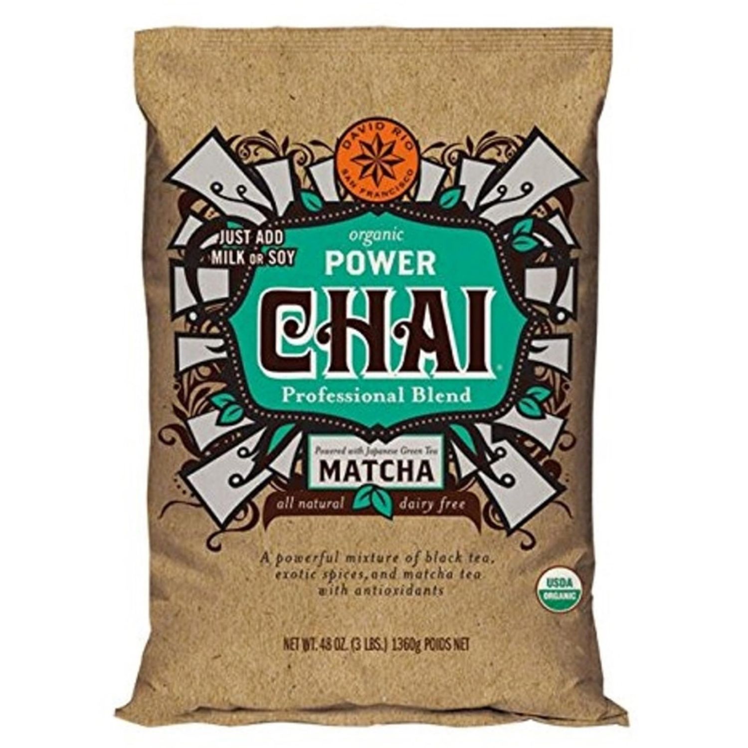 Power Chai Matcha Tea Latte Mix, 48 Oz, Japanese Matcha, Black Tea, Organic Spices, Vegan, Dairy Free, Serve Hot or Cold, Just Add Water or Milk, 68 Servings