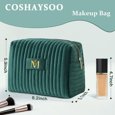 COSHAYSOO Gifts for Women Birthday Anniversary Wife Girlfriend Aunt Initial Green Makeup Bag Velvet Make Up Cosmetic Pouch Travel Size Skin Care Lip Liner Balm Oil Gloss Tint Brush Organizer Letter M