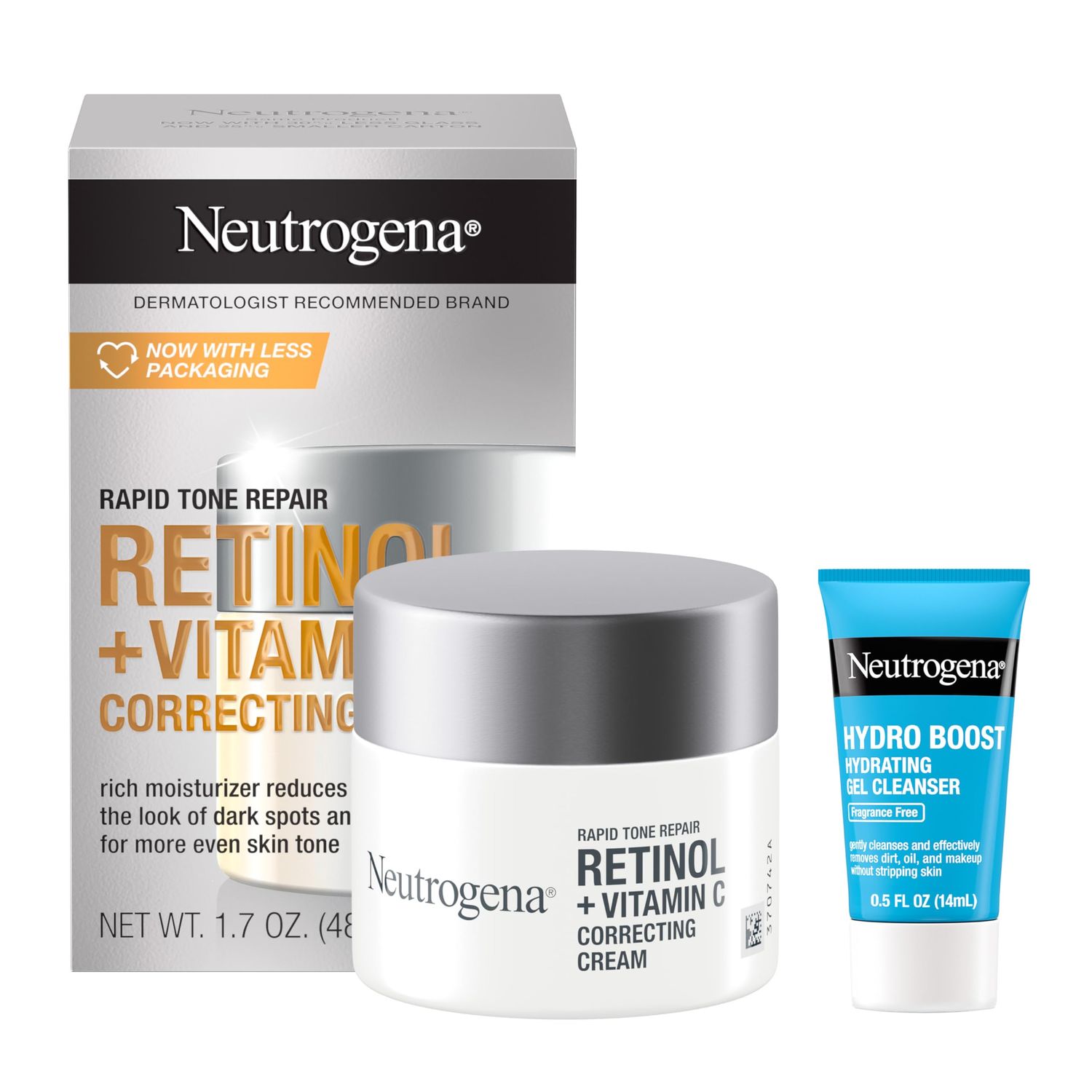 Neutrogena Rapid Tone Repair Retinol Vitamin C Face Moisturizer, Dark Spot Corrector, Anti-Aging Face Cream for Even Tone 1.7 oz Trial Size Hydro Boost Facial Cleanser, 0.5 fl. oz