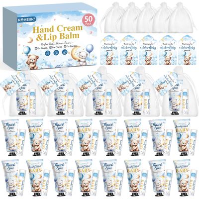 50 Pack Lip Balm and Hand Cream Bulk Gifts Sets, Baby Shower Party Favors and Bridal Shower Favors for Guests with Thank You Card and Organza Gift Bags, Thank You Gifts Bulk, Baby Shower Prizes (Bear)