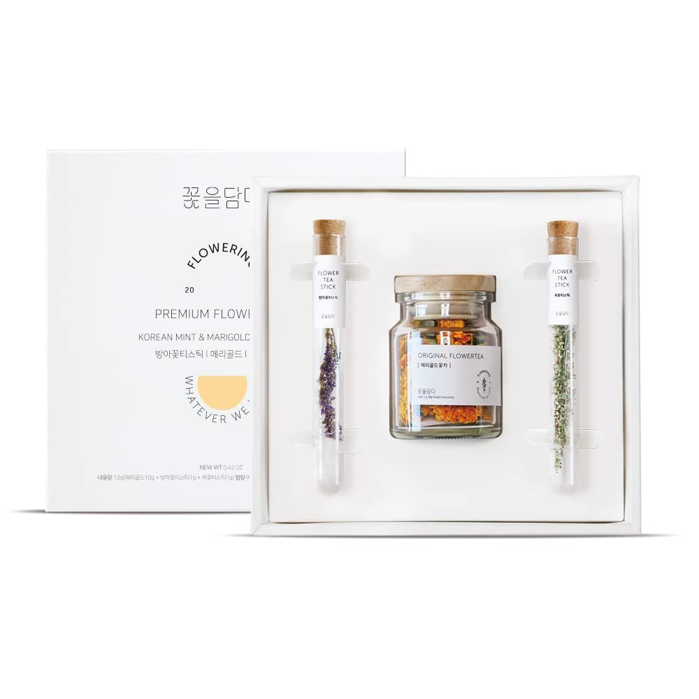 KKOKDAM Gourmet Loose Leaf Tea Gift Sets - Blooming Flower Tea Jar &amp; 2 Sticks of Teas - Unique Korean Drinks, Fancy Gifts - Perfect as Women&#39;s Gift Set - Original Pack