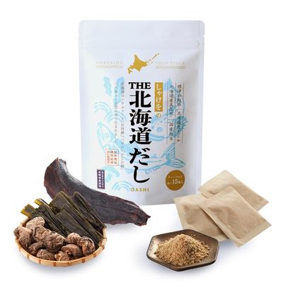 Hokkaido Dashi Japanese Soup Stock with Wild Rockfish, Salmon, Kelp (Kombu) &amp; Shiitake Mushroom | Additives, Sustainable Ingredients, Rich Umami | (15 Sachets, 1 Pack)
