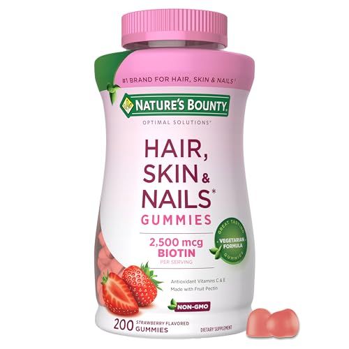 Nature&#39;s Bounty Optimal Solutions Hair, Skin and Nails Pectin Gummies, 2500 mcg Biotin Per Serving, No Stick Gummy, Vegetarian Formula, Strawberry Flavor, 200 count, 100 Total Servings