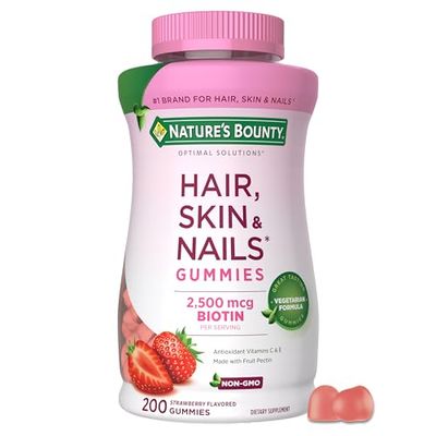 Nature&#39;s Bounty Optimal Solutions Hair, Skin and Nails Pectin Gummies, 2500 mcg Biotin Per Serving, No Stick Gummy, Vegetarian Formula, Strawberry Flavor, 200 count, 100 Total Servings