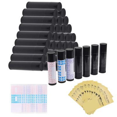 Lip Balm Container Kit - 50x Lip Balm Tubes (Black), 50x Writable Sticker (3 colors), 50x Printed Stickers (Transparent) - for DIY Lip Balm - DIY Homemade Cosmetics - Home Travel Gift Idea