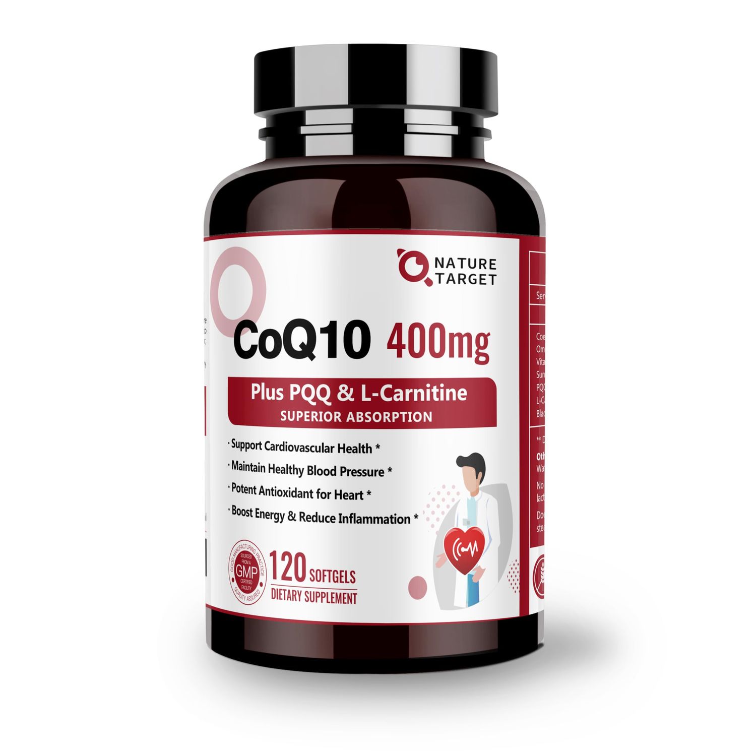 NATURE TARGET CoQ10-400mg with PQQ, Omega-3s &amp; L-Carnitine, High Absorption Coenzyme-Q10 with BioPerine, Supports Heart, Brain, Immune System, Energy Production, 120 Servings