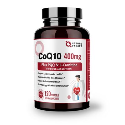 NATURE TARGET CoQ10-400mg with PQQ, Omega-3s &amp; L-Carnitine, High Absorption Coenzyme-Q10 with BioPerine, Supports Heart, Brain, Immune System, Energy Production, 120 Servings