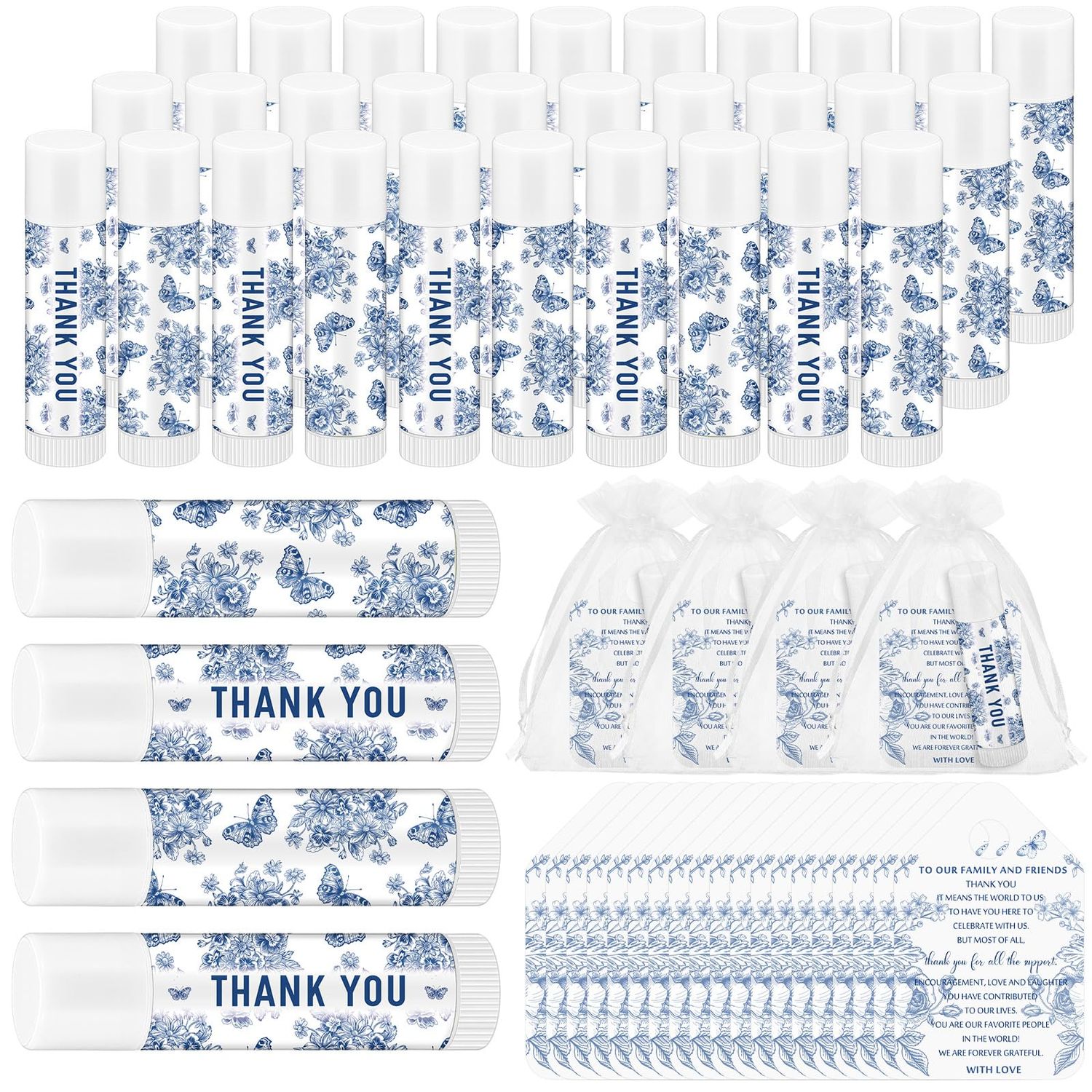 Fumete 50 Pcs Blue Floral Chinoiserie Lip Balm Favors Bulk, Wedding Thank You Gift Set with Organza Bags and Cards, Baby Shower Favors, Bridal Shower Party Return Gifts for Guests