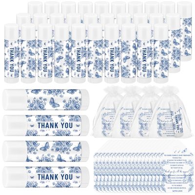 Fumete 50 Pcs Blue Floral Chinoiserie Lip Balm Favors Bulk, Wedding Thank You Gift Set with Organza Bags and Cards, Baby Shower Favors, Bridal Shower Party Return Gifts for Guests