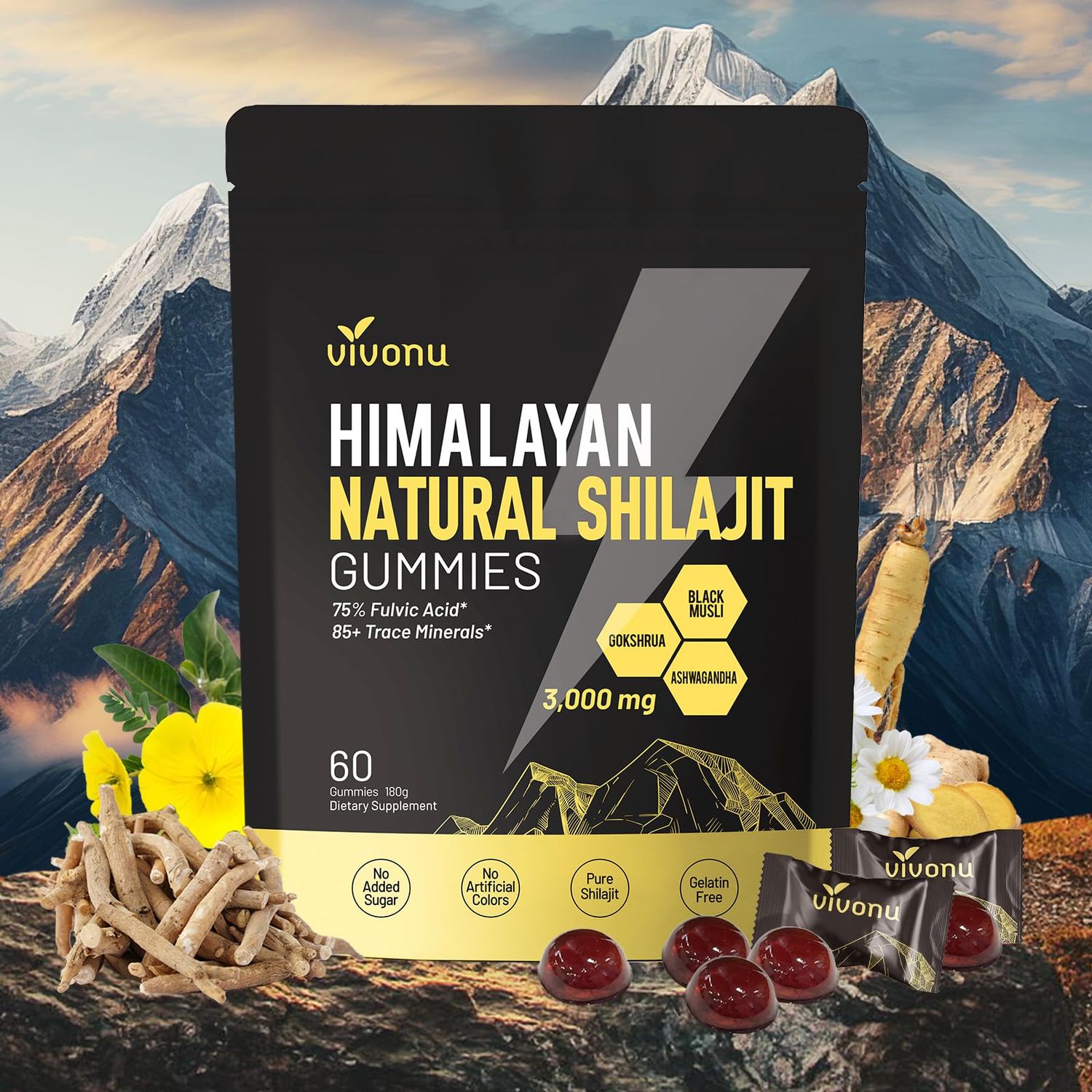 Himalayan Shilajit Gummies with Ashwagandha &amp; Gokshura | 85 Trace Minerals &amp; Fulvic Acid | Organic, Non-GMO Micronutrient Supplement for Men &amp; Women | 100 Pure &amp; Natural
