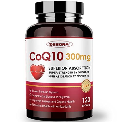 ZEBORA CoQ10-300mg-Softgels with PQQ, BioPerine &amp; Omega-3, 120 Servings Coenzyme Q10 (Ubiquinone) Supplement for High-Absorption, Powerful-Antioxidant, Support Heart-Health &amp; Energy-Production