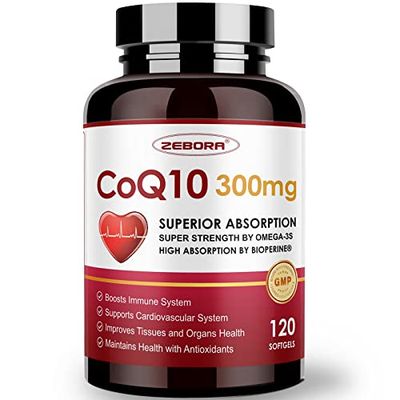 ZEBORA CoQ10-300mg-Softgels with PQQ, BioPerine &amp; Omega-3, 120 Servings Coenzyme Q10 (Ubiquinone) Supplement for High-Absorption, Powerful-Antioxidant, Support Heart-Health &amp; Energy-Production