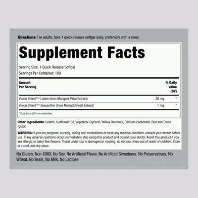 Piping Rock Lutein and Zeaxanthin Supplement | 20mg | 180 Softgels | Eye Vision Shield from Marigold Extract | Non-GMO, Gluten Free