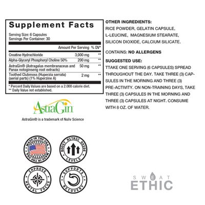 Sweat Ethic Created Creatine and Adaptogens, Daily Support Formula with Creatine HCL, Alpha GPC, and AstraGin, Nootropic and Fitness Supplement for Focus and Performance for Men and Women, 180 Count