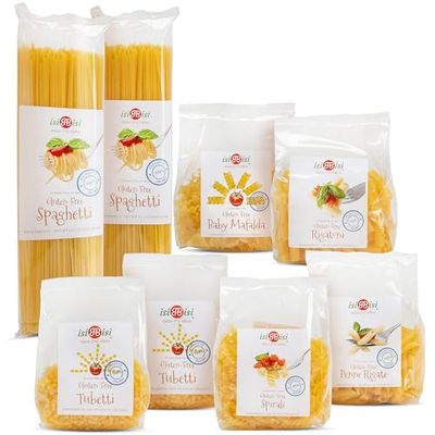 isiBisi Gluten-Free Pasta Sampler, 8-Pack - Penne, Spaghetti, Rigatoni, Tubetti, Baby Mafalda, Spirali Noodles - Non GMO Vegan, Made in Italy