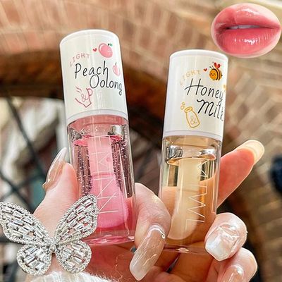 2 PCS Big Brush Head Crystal Jelly Moisturizing Lip Oil, Honey&amp;Peach Vitamin E Lip Tint Lip Plumper Lip Care Serum, Long Lasting Nourishing Non-sticky Fresh Texture Lip Care
