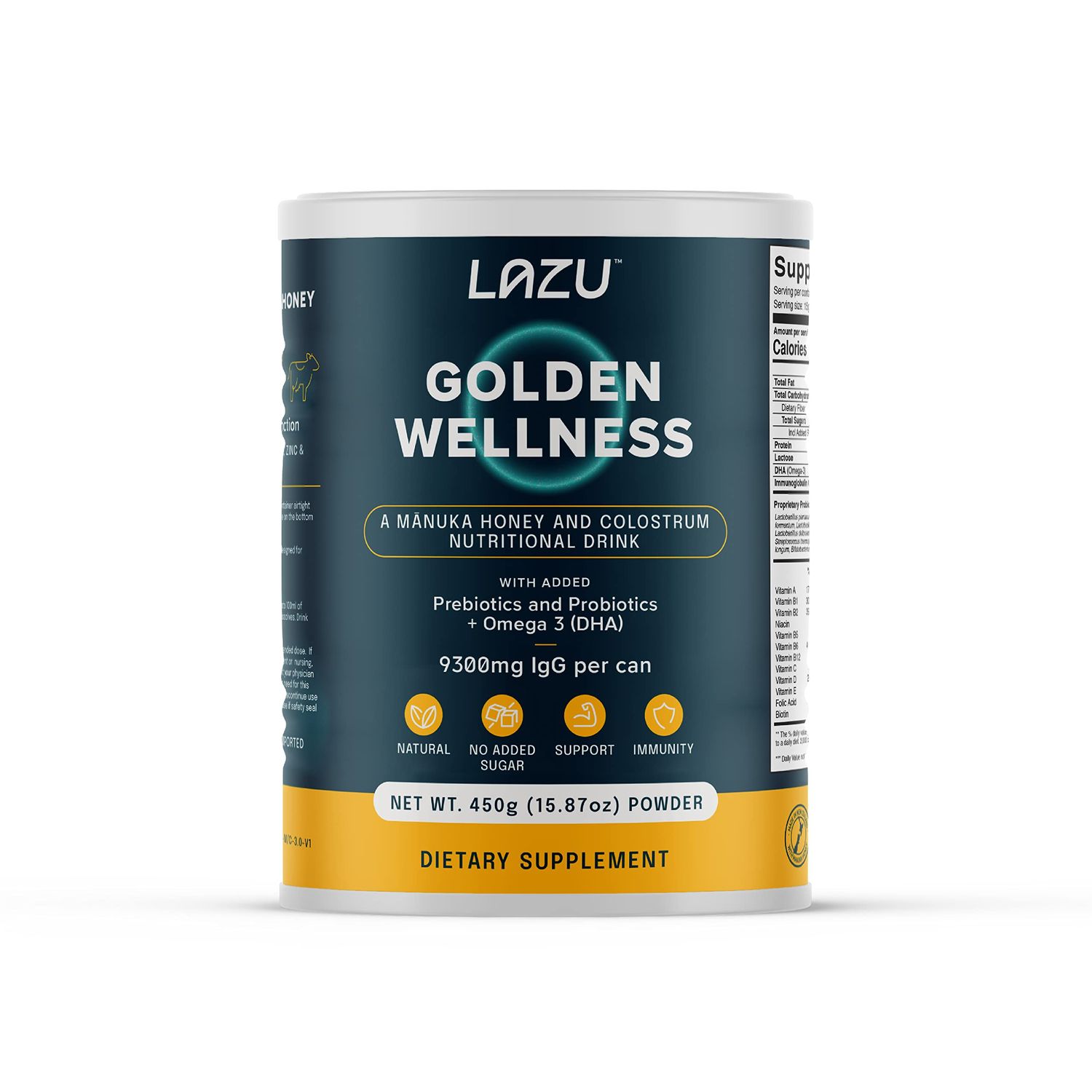 Lazu Golden Wellness Colostrum Supplement,Grass-Fed Bovine Colostrum Powder (310mg IgG &amp; lactoferrin), NZ Monofloral Manuka Honey (200MGO), Vitamins Promotes Gut Health &amp; Athletic Performance - 450g