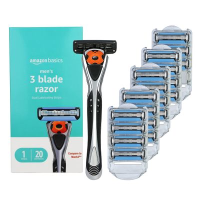 Amazon Basics 3-Blade Motion Sphere Razor for Men with Dual Lubrication, Handle &amp; 20 Cartridges, Cartridges fit Amazon Basics Razor Handles only, 21 Piece Set, Black (Previously Solimo)