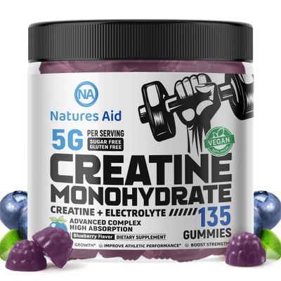 Natures Aid Creatine Monohydrate Gummies (5g) - Pre-Workout Energy &amp; Muscle Growth Support for Men &amp; Women | Blueberry Electrolyte Gummies (135 Count)